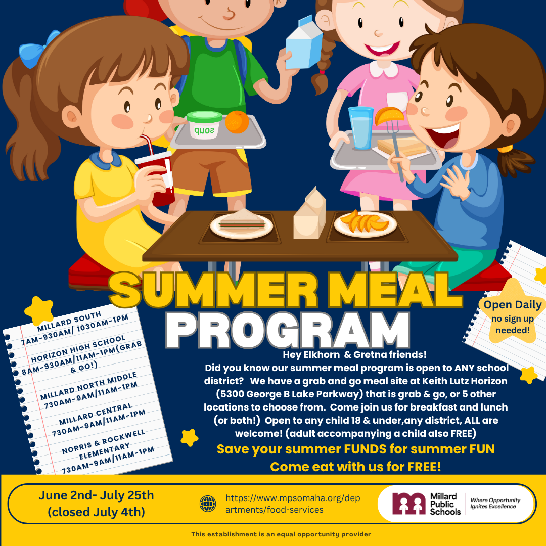 A graphic with animated children and information about summer meal sites.